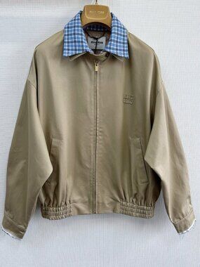 Miu Miu Women's Casual Zip-Collar Faux Two-Piece Jacket — Beige